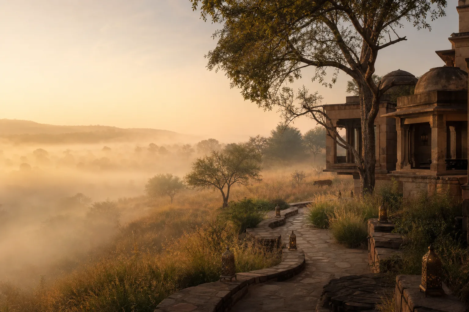 Cinematic sunrise over a sandstone wilderness retreat near Ranthambore, morning mist and warm golden light
