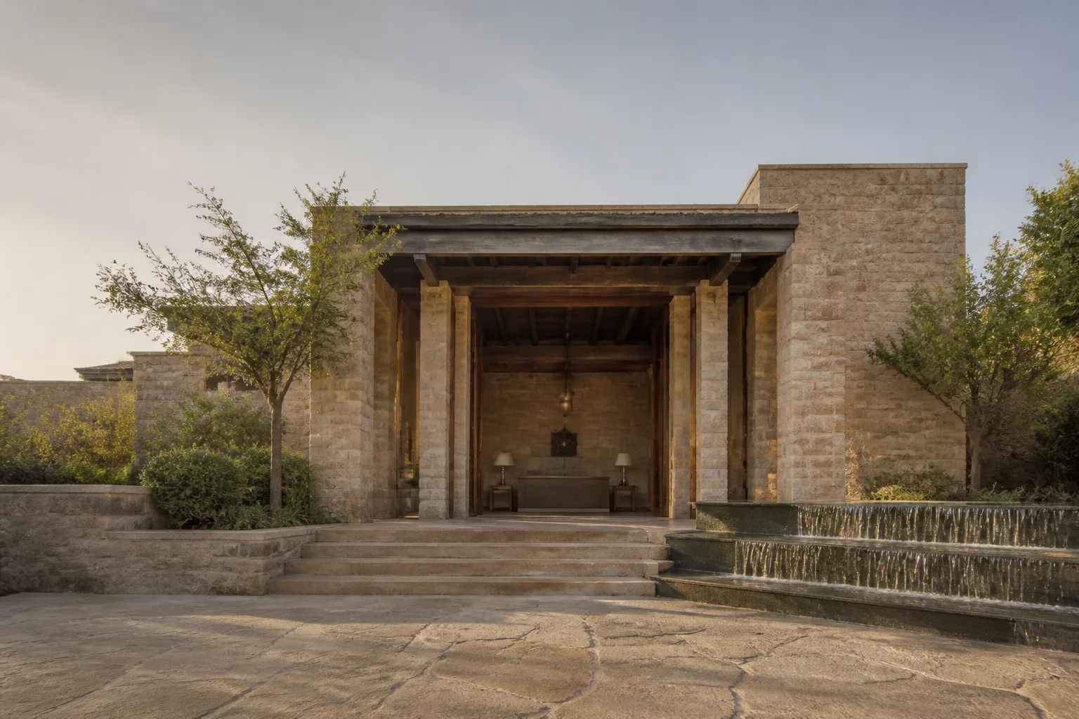 Sandstone reception pavilion with water and morning light